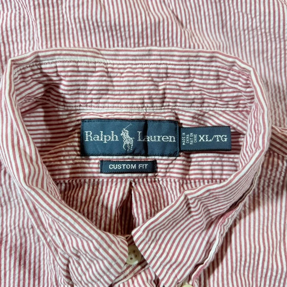 VTG  Polo Ralph Lauren Pink White Striped Seersucker Short Sleeve‎ Mens XL